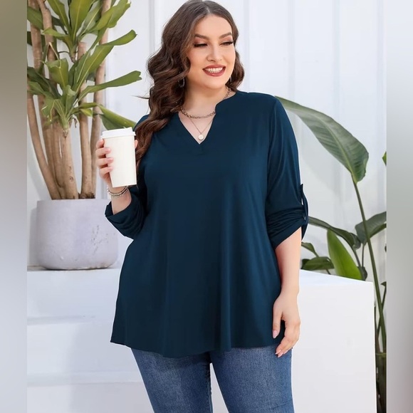 AMCLOS Plus Size V-Neck Soft Flowy Blue Tunic, Size 2XL - Picture 2 of 6